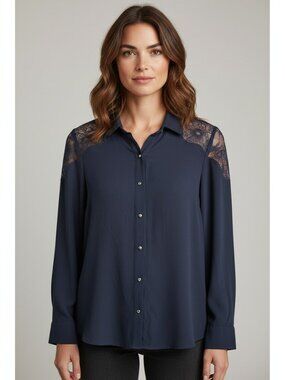 Julio Navy Blue Floral Lace Yoke Button Down Blouse Size 4 Romantic Feminine